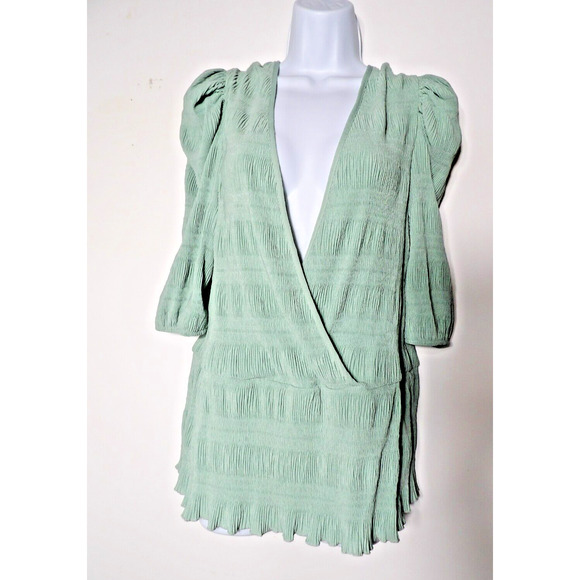 Asos Curve Design Sz 18 Top Blouse Shirt Crinkle Mint Green Deep V Puff Sleeve - Picture 1 of 13